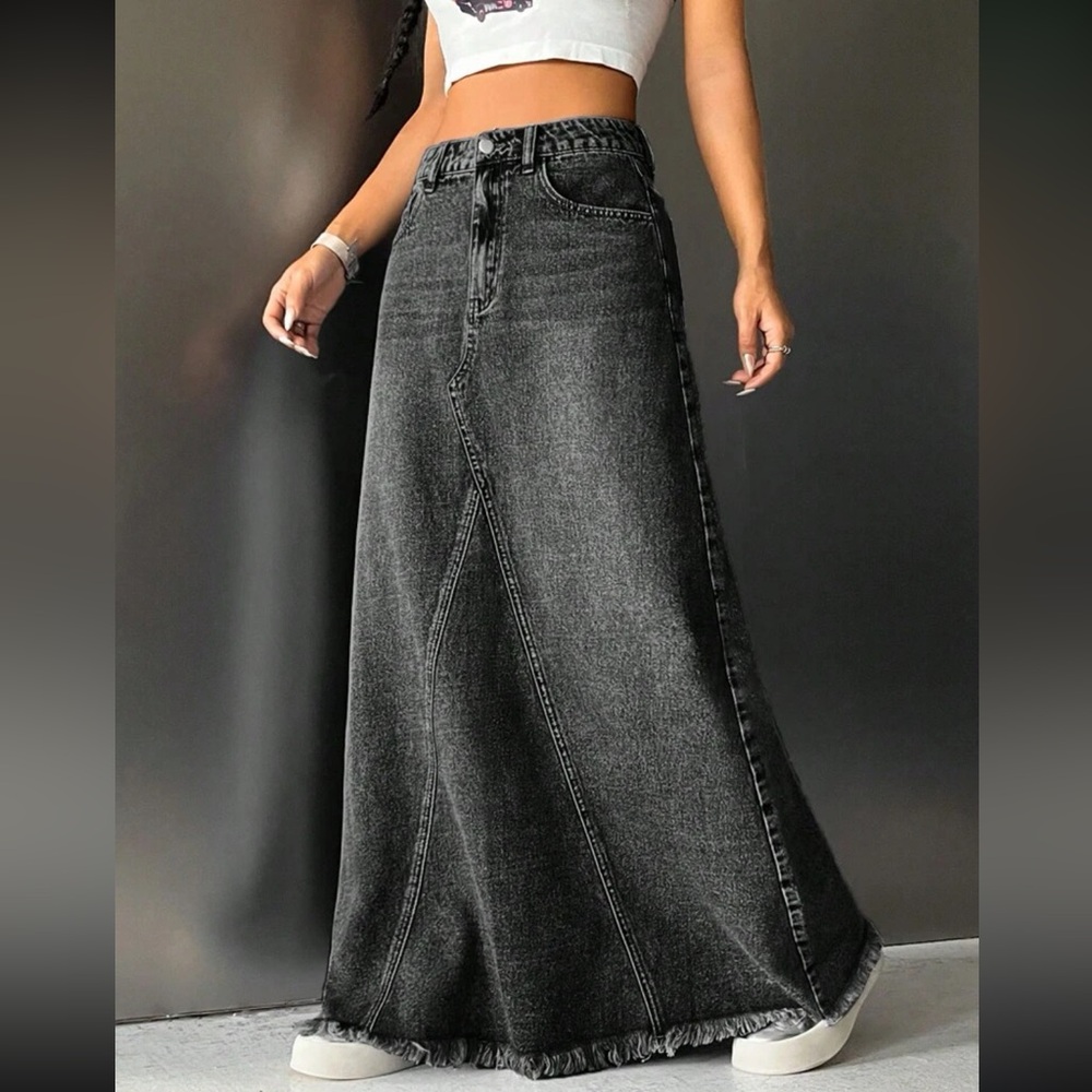 Luxe raw hem denim maxi skirt